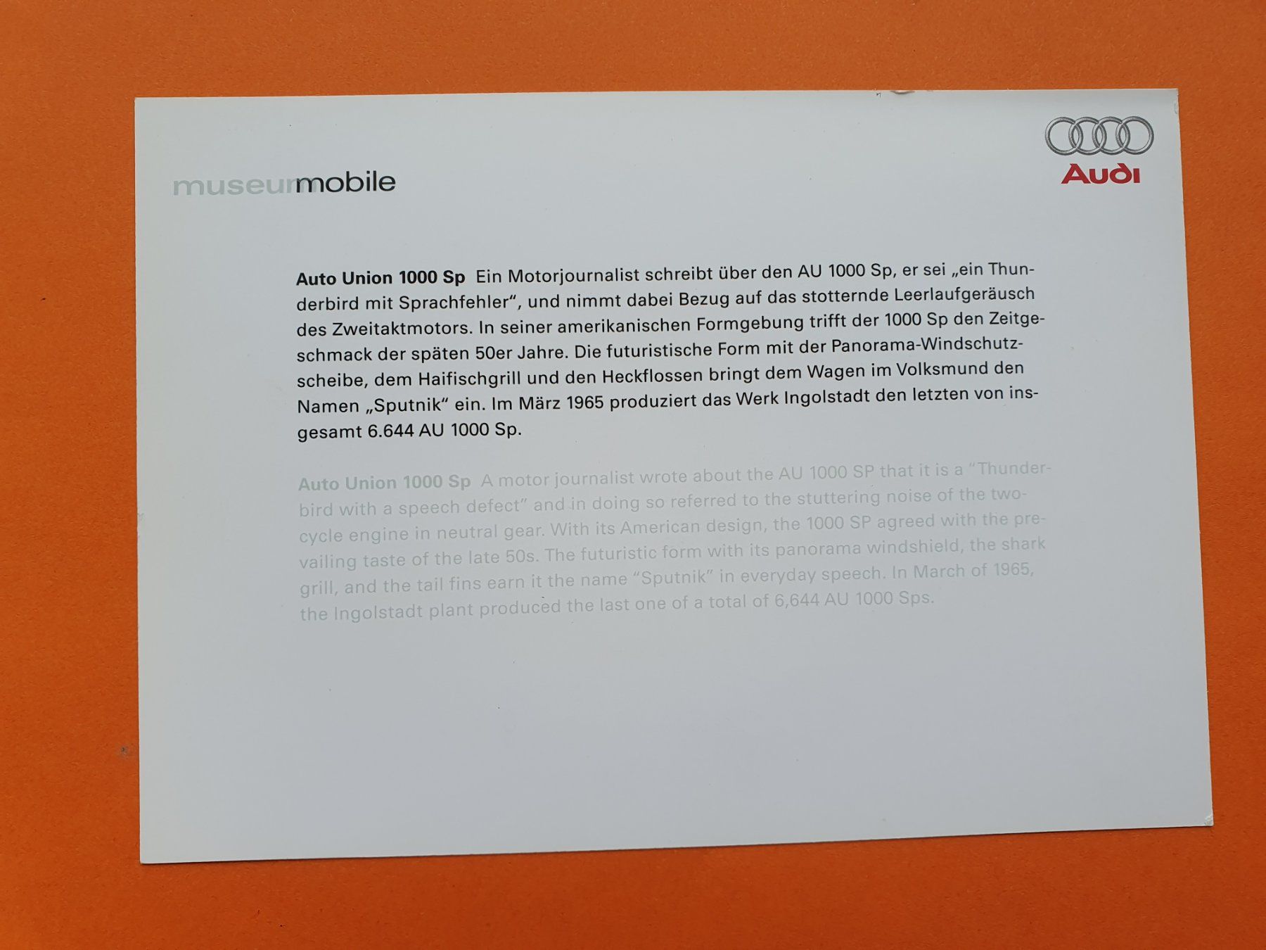 Cartoline postali: Fiche AUDI, Museum mobile, Auto-Union, DKW, 1000 SP – Nuovo e nell'imballaggio originale da Martigny venduto da Abm1000 1