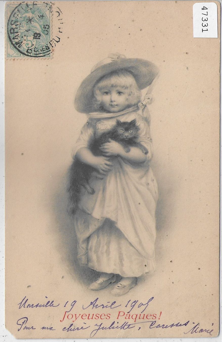 Cartoline postali: Kleines Mädchen mit schwarzer Katze – Difettoso da Ettingen venduto da Kartenplanet