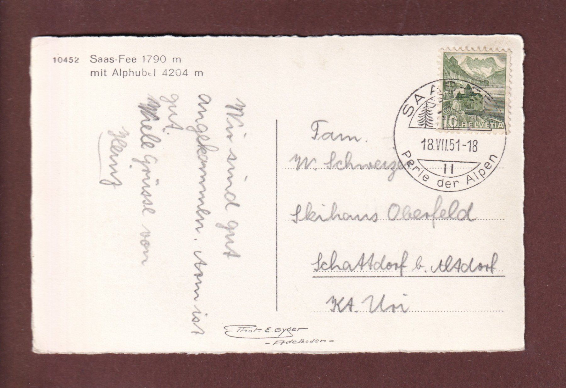 Cartoline postali: SAAS-FEE - Alphubel - 1951 – Usato da Pully venduto da nicecards 1