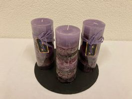 Kerzen - Set, violett marmoriert, 3 Stück a je ca. 6,8x18 cm