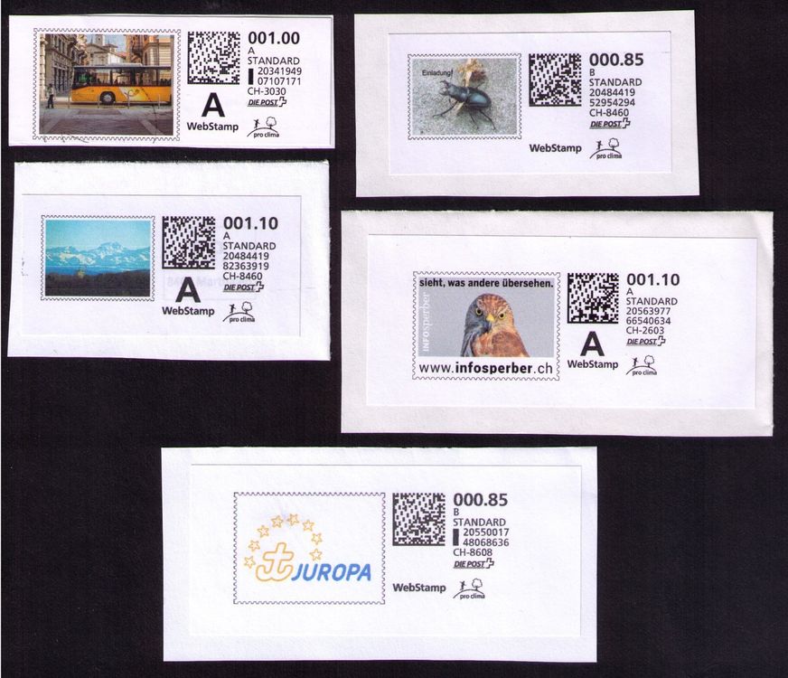 5 WEBSTAMPS__Postauto+Sperber+Hirschkäfer (D'occasion) à Marthalen pour ...