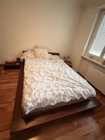 Dark Wood Double Bed + Mattress + 2 Bedside Tables