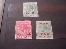 3 alte Marken Bahamas, Überdruck War Tax *