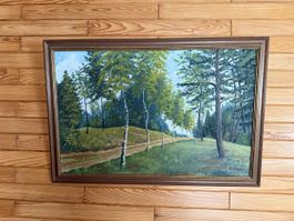 Originales Ölgemälde "Waldweg" von E.W. Bade, gerahmt