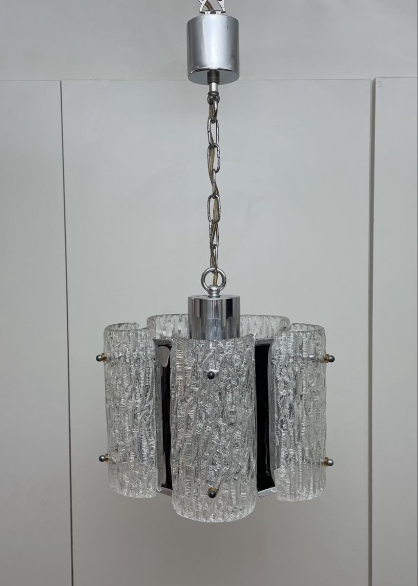 Kronleuchter & Deckenlampen: Space age Glas Hängelampe Eisglas Chrom Deckenlampe vintage – Gebraucht aus Zürich von Vintagewiesel 1