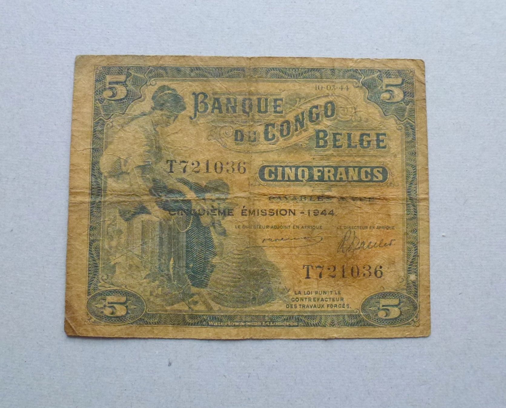Banconote: Belgisch Congo ++ 5 Francs 1944 – Usato da Walkringen venduto da Casablanca777