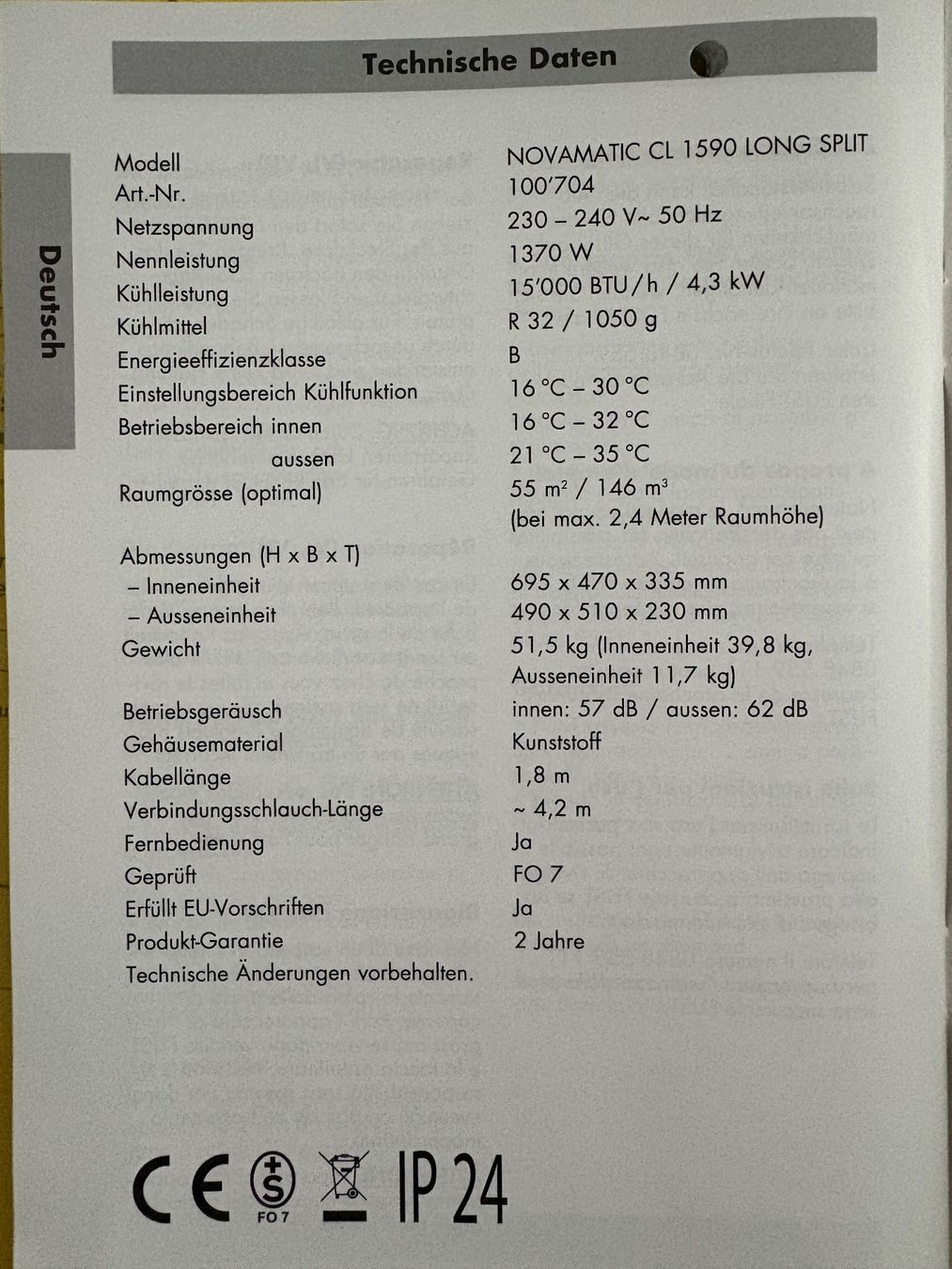 Novamatic Klimageräte: Mobiles Klimagerät CL 1590 LONG SPLIT – Gebraucht aus Rapperswil SG von  9