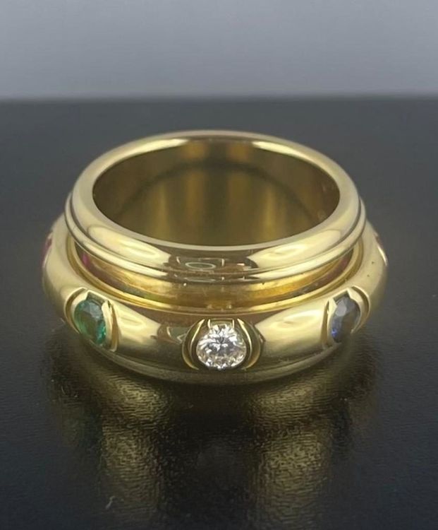 Bague En Or Jaune 18 Carats Sertie De Diamants, Rubis, émeraudes Et Saphirs - Poids 5.6g, Taille 53 - Occasion Très Bon état