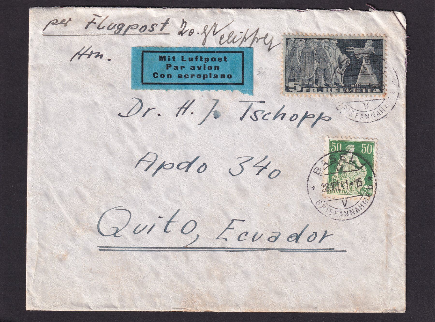 Alle Briefmarken: Luftpostbrief Basel -> Quito / Ecuador 28.7.1941 2.Weltkrieg – Gebraucht aus Teufen AR von Gruenauer