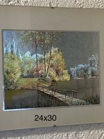 1) glänzendes Landschaftsbild auf Aluplatte, Steg am See