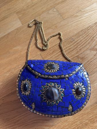 blaue Vintage-Tasche mit Mosaik-Steinen boho goa beach 