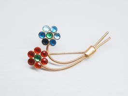 Vintage Brosche Blumen Strass bunt Gold-Ton ca. 6 cm