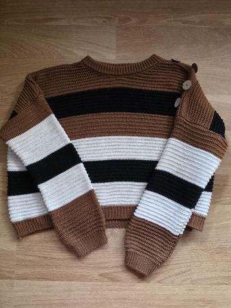 Pull rayé marron/noir/blanc. Taille S.