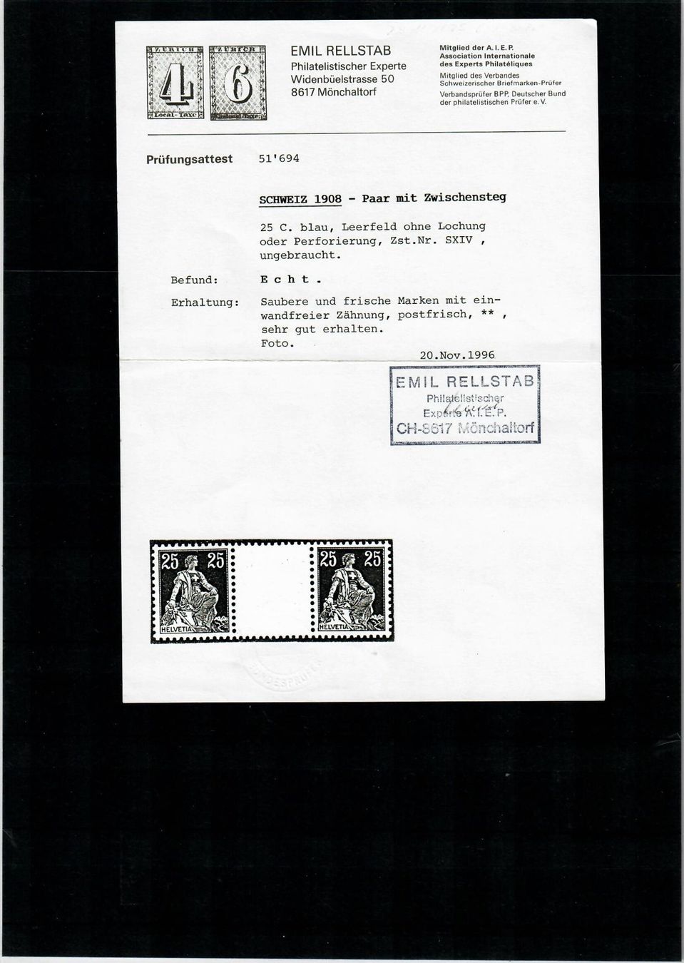 Alle Briefmarken: Zwischensteg S XIV, postfrisch, mit Attest – Neu (gemäss Beschreibung) aus Riehen von dfaess 2