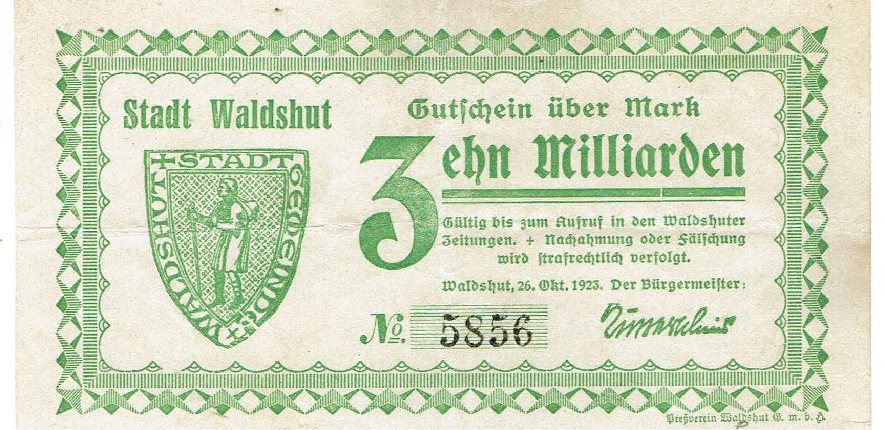 Banconote: Waldshut 10 Mrd.Mark 26.10.1923 VZ-VZ+ – Usato da Steffisburg venduto da ber_8htf