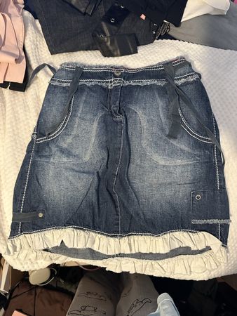 Y2K Unique Summer Denim Mini Skirt, Ruffle and Lace Trim