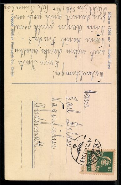 Cartoline postali: AK Mürren, Hotel Eiger mit Gipfelpanorama – Usato da Berlin venduto da bartko-reher 1
