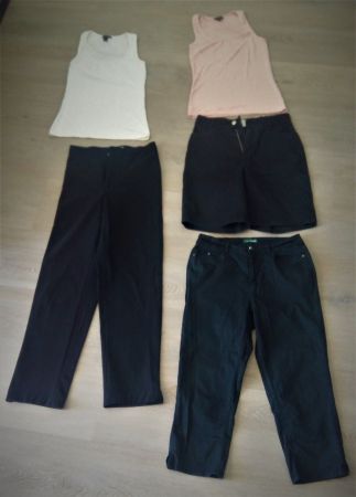 3 Hosen (kurz, 7/8, lang) + 2 ärmellose Tops Gr. 36