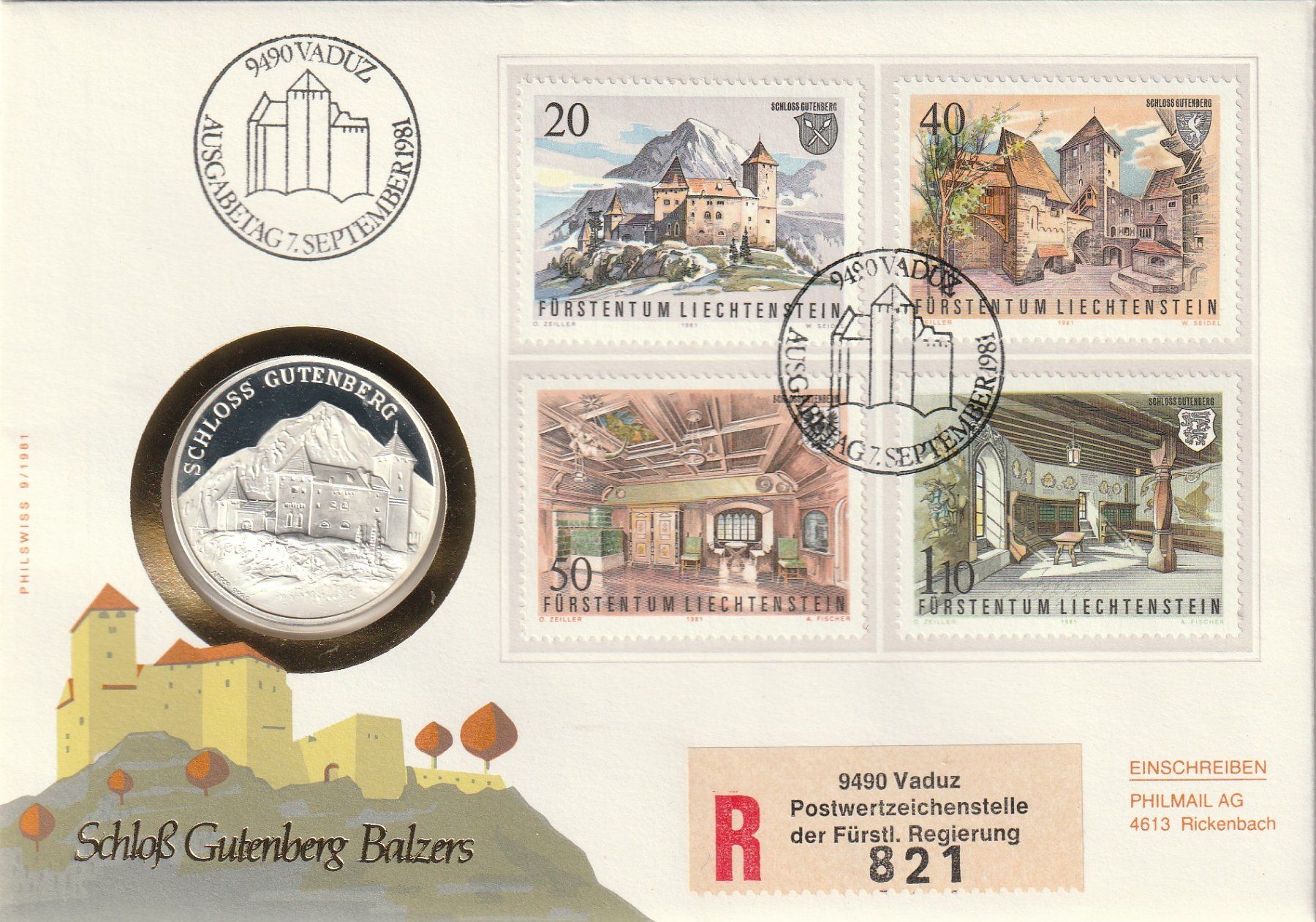 Tutti le monete: Numisbrief Balzers Schloss Gutenberg 1981 – Usato da Rorschacherberg venduto da fratovi2