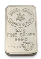 Swiss Bank Corp. Silberbarren 20 g Feinsilber 999 nummeriert