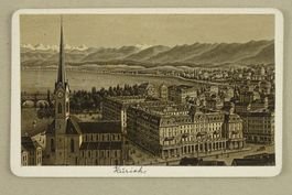 ZÜRICH MIT FRAUMÜNSTER, AQUATINTA VON DIKENMANN UM 1870