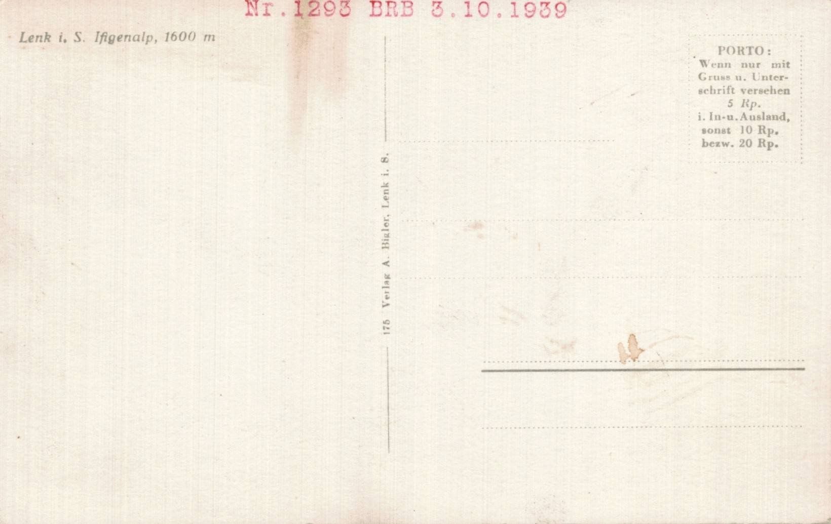 Cartoline postali: Alte Ansichtskarte Lenk i.S., Iffigenalp, datiert 1939. – Usato da Luzern venduto da Kartenansicht 1