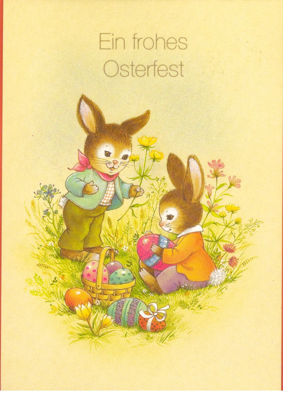 Ansichtskarten: EIN FROHES OSTERFEST 2 HASENKIND B. EIER BETRACHT. U. BLUMEN – Neu (gemäss Beschreibung) aus Montebelluna / TV von Album2do