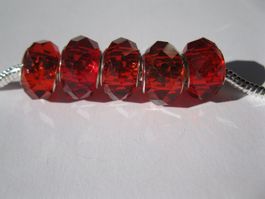 5 Glasperlen, Grosslochperlen, Beads facettiert rot, 14mm