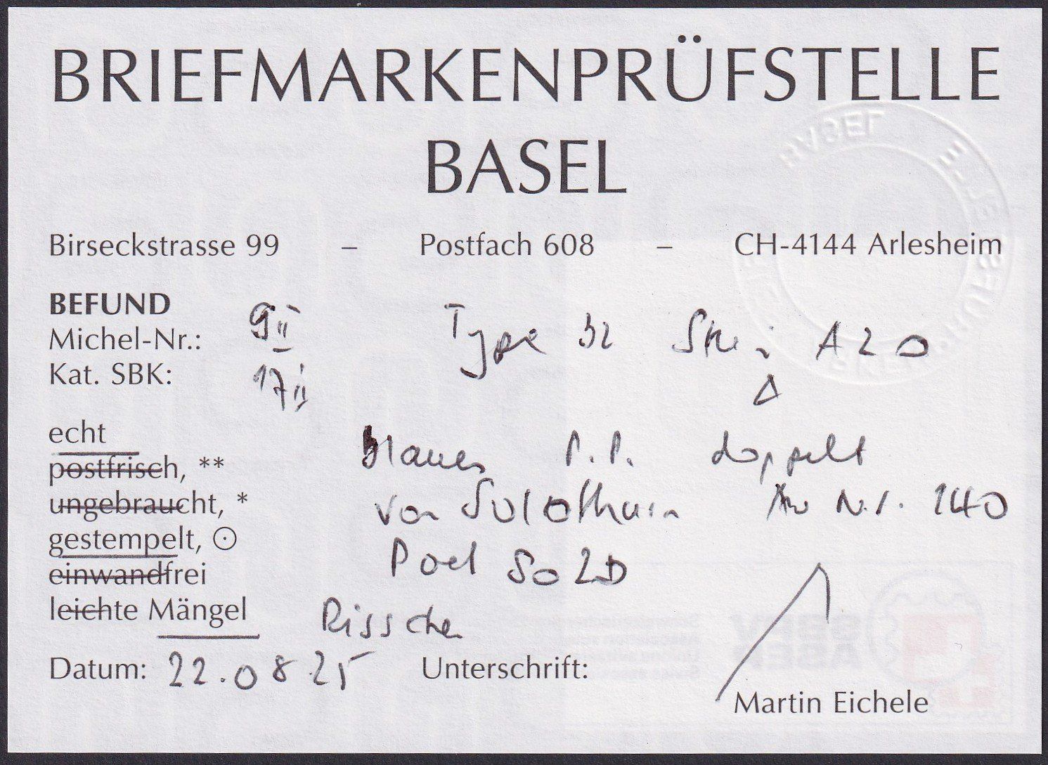 Tutti i francobolli: 17II, Rayon I hellblau T.32 A2-O, blaues P.P. SOLOTHURN SO – Usato da Ebikon venduto da SilvioFreund 2