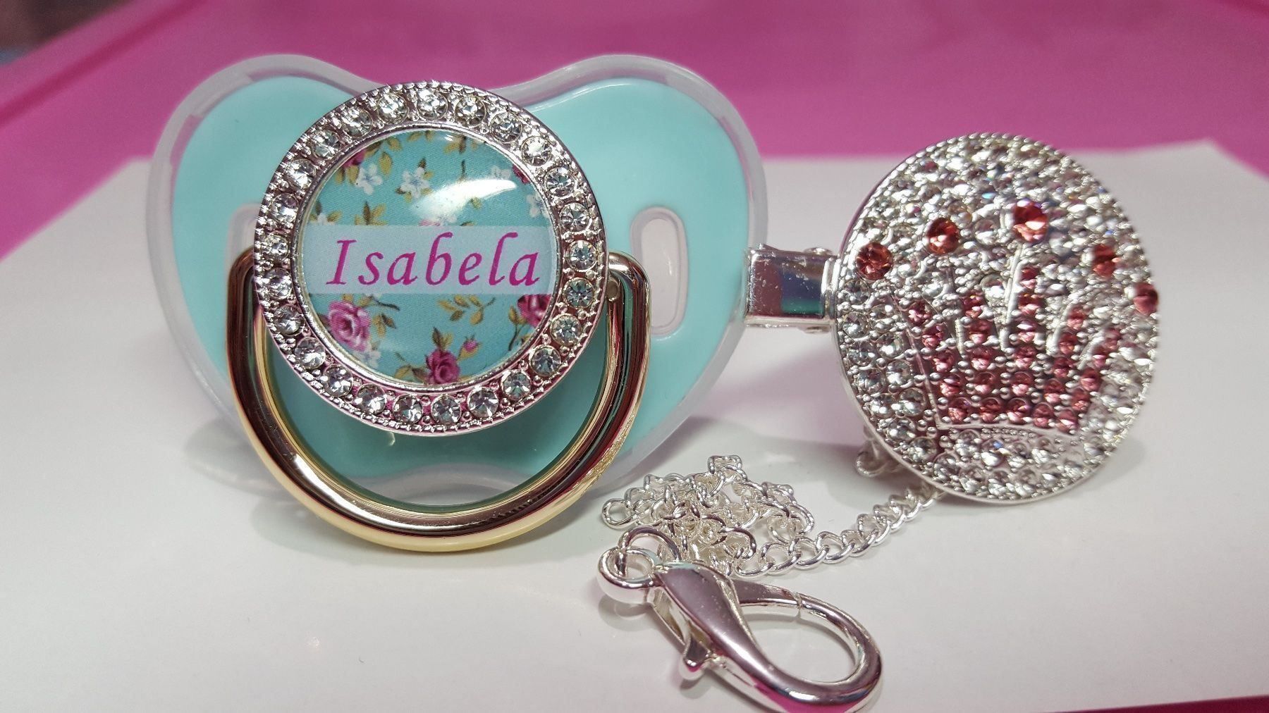 Succhiotti & catenelle porta ciuccio: Name Isabela Bling Nuggi Schnuller – Nuovo e nell'imballaggio originale da Uster venduto da BellaBimbaQ 1