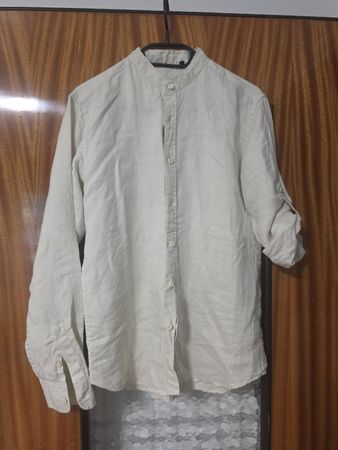 Chemise homme col mao beige lin