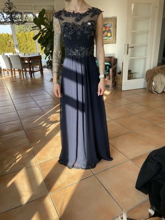 Elegantes Abendkleid Gr. 34, Dunkelblau, Spitze, Perlen