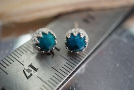 Chrysokoll Rund  ♕ Krone 7mm Ohrstecker  925 Silber