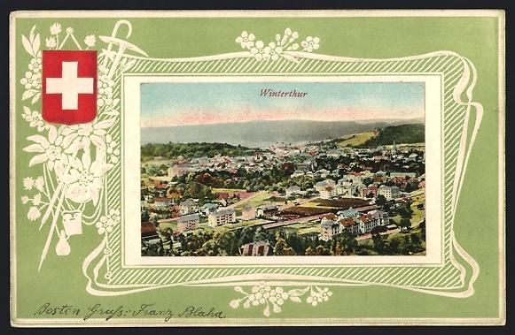 Cartoline postali: Winterthur, Blick über den Ort, Wappen – Usato da Berlin venduto da bartko-reher