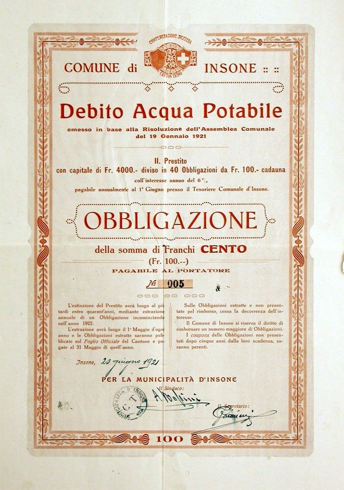 Documents: 6% Comune di Insone - 1921 – D'occasion à Solothurn par Sgasche
