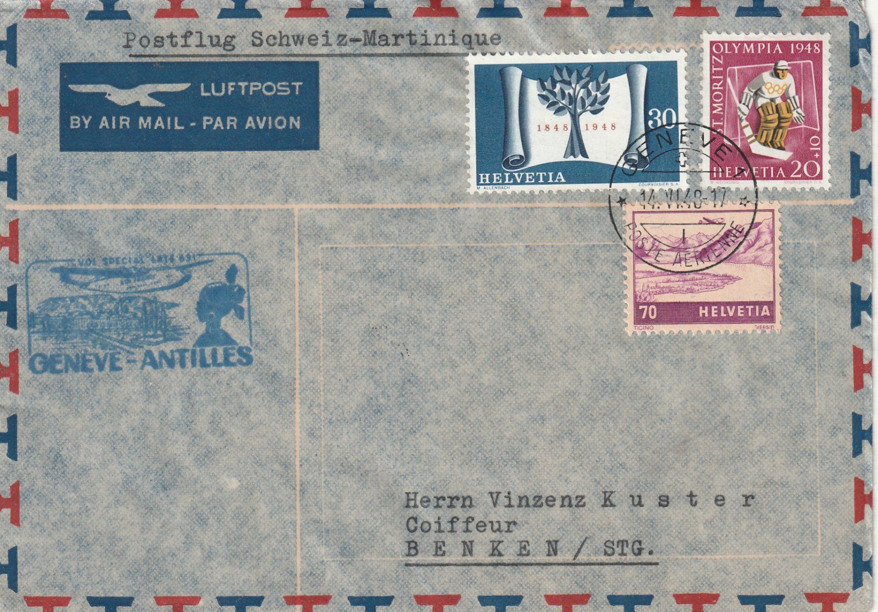 Alle Briefmarken: Flugpost Genf - Martinique 1948 – Gebraucht aus Rorschacherberg von fratovi2