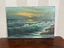 Antikes Oelbild Szene Meer "Sunset", Leinwand