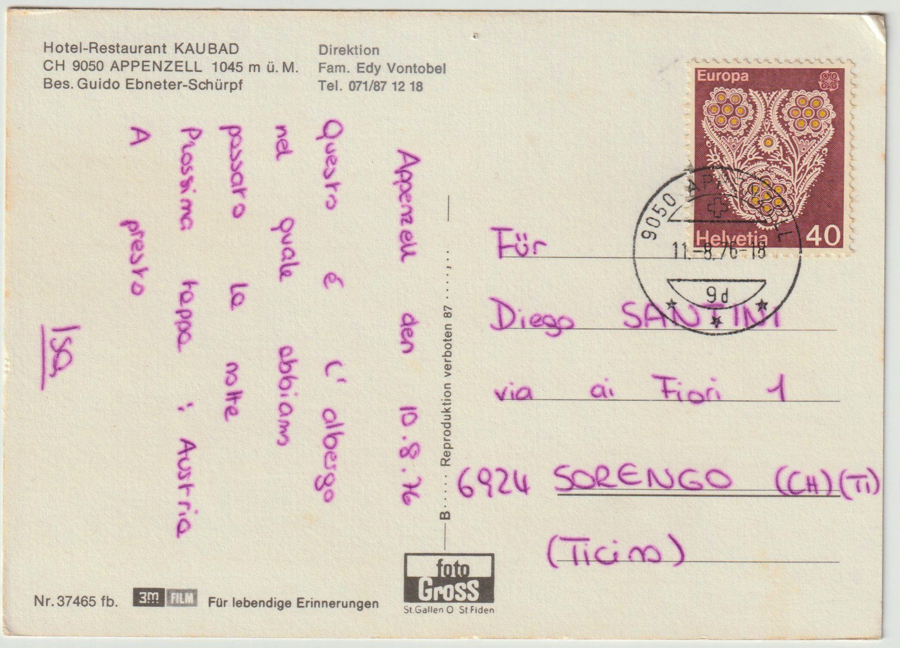 Cartoline postali: Hotel Kaubad, Appenzell, um 1970 – Usato da Bedigliora venduto da positano 1