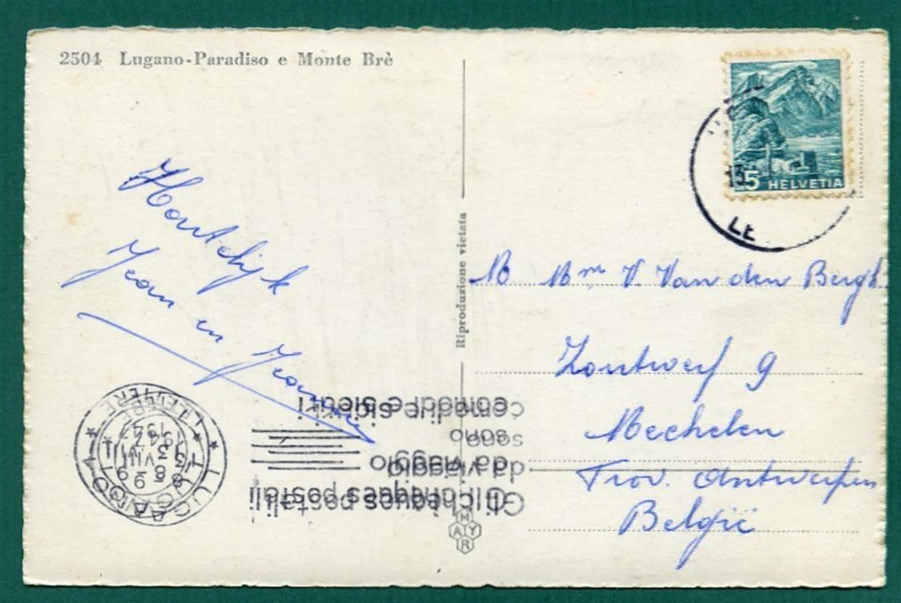 Ansichtskarten: Lugano-Paradiso e Monte Brè, 1947, gelaufen – Gebraucht aus Sargans von Hausi1951 1