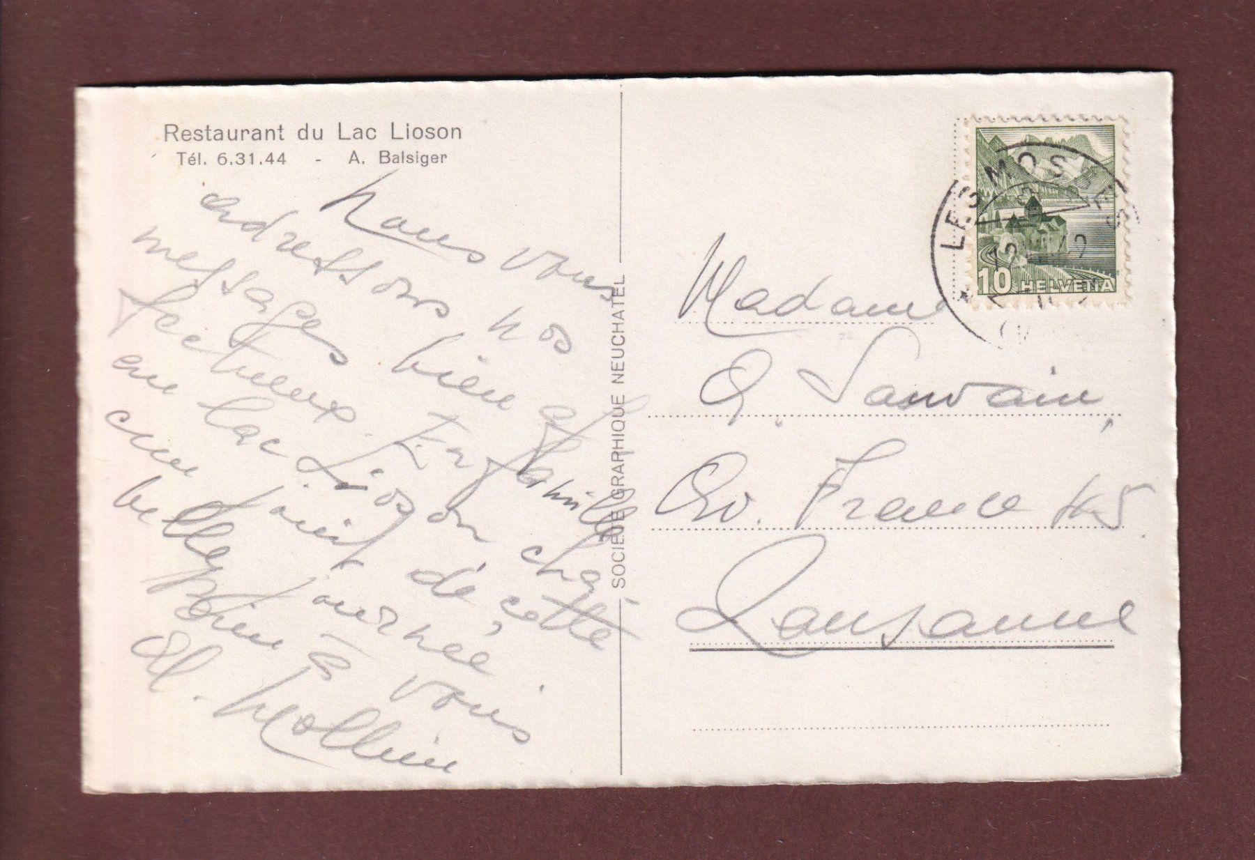 Cartoline postali: LAC DE LIOSON - 1949 – Usato da Pully venduto da nicecards 1