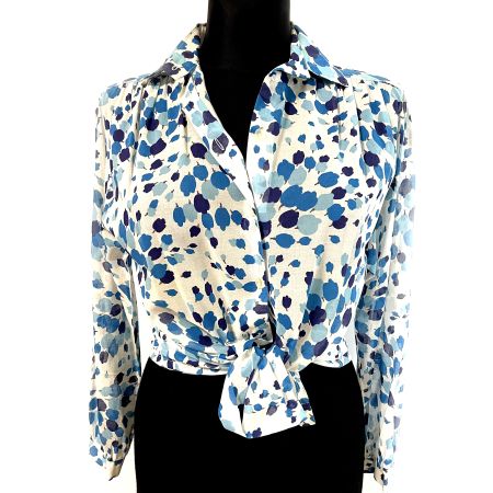 Bluse Batist Gr. L langarm Baumwolle blau-weiss VINTAGE 70s