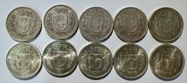 5.- SILBERMÜNZEN SCHWEIZ, 10 STÜCK, Jg. 1931-1969 Konvolut 2