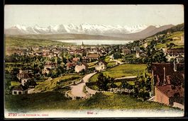 AK Biel, Ortsansicht mit Bergen