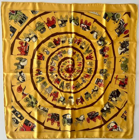 Superbe foulard HERMES-Paris "Carrosserie" 1975, avec box