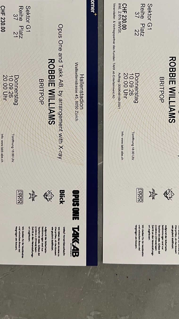 Tickets: Robbie Williams Konzertkarten 2x 10.09.26 – Neu (gemäss Beschreibung) aus Baar von Danielsi