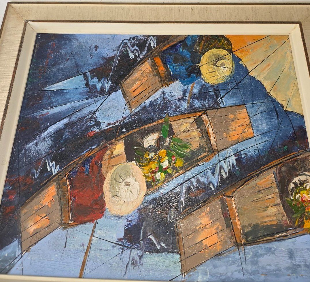 Dipinti: Ölgemälde Boote mit Blumenhändlern, signiert 1970 – Usato da Flums venduto da Flumsantik 2