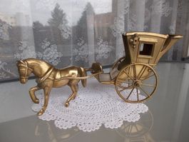 Grosse 38cm Messing Skulptur *Pferd-Kutsche* Gespann um 1960