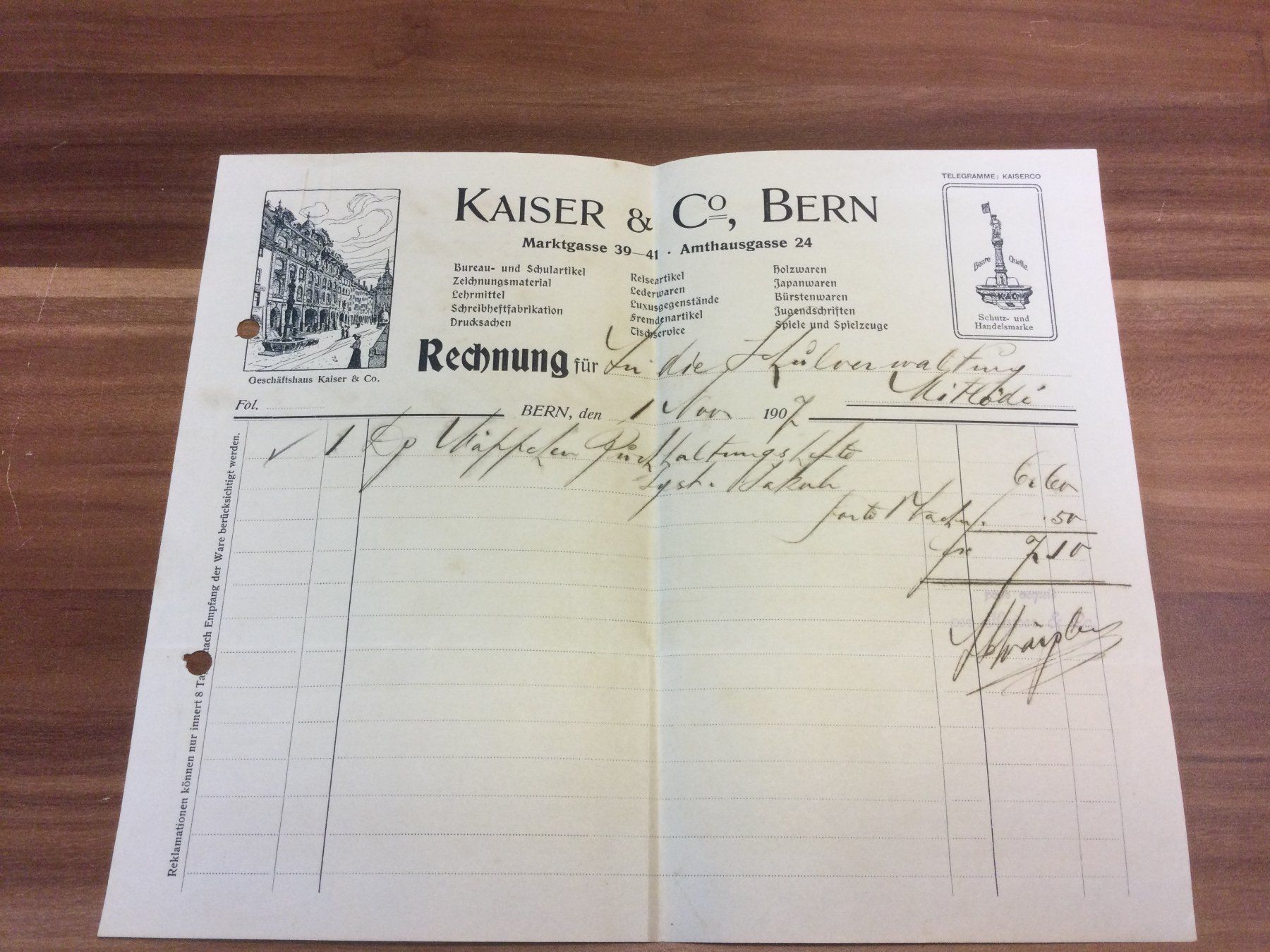 Documenti: Antike Rechnung von Kaiser & Co.Bern Marktgasse – Usato da Wangen SZ venduto da kuriosum12