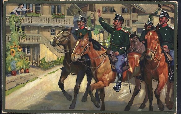 Foto, Lettere & Cartoline: Schweizer Soldaten reiten durch ein Dorf – Usato da Berlin venduto da bartko-reher