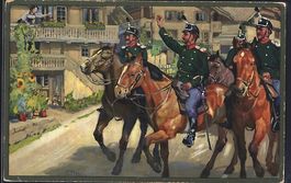 Schweizer Soldaten reiten durch ein Dorf